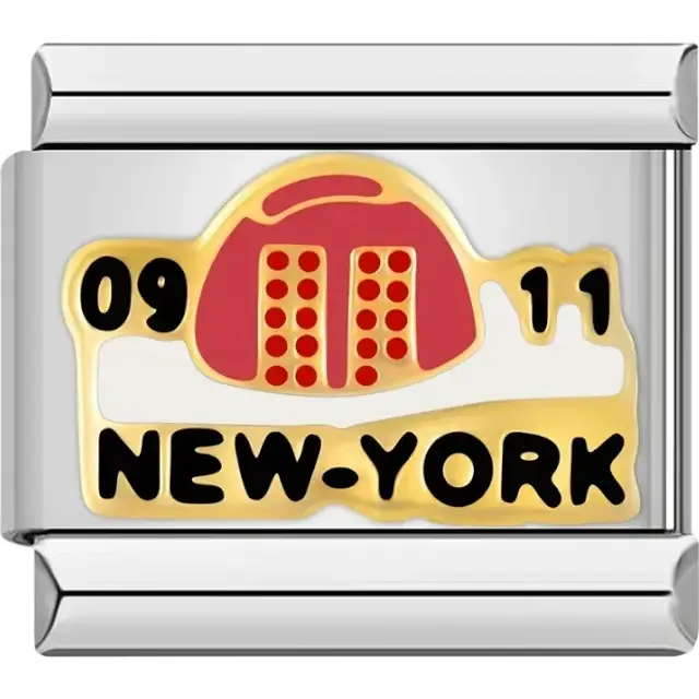 09/11 with a symbolic red and gold design and New York text Italian charm bracelet link