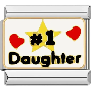 White charm with "#1 Daughter" text, a gold star, and two red hearts Italian charm bracelet link