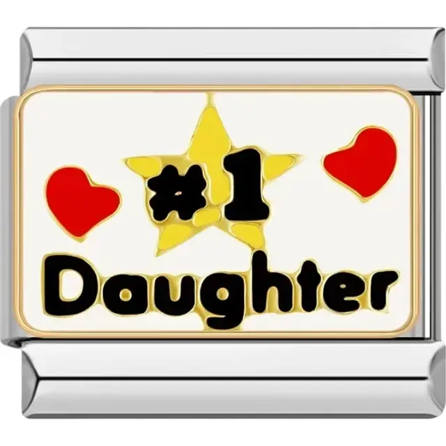 White charm with "#1 Daughter" text, a gold star, and two red hearts Italian charm bracelet link