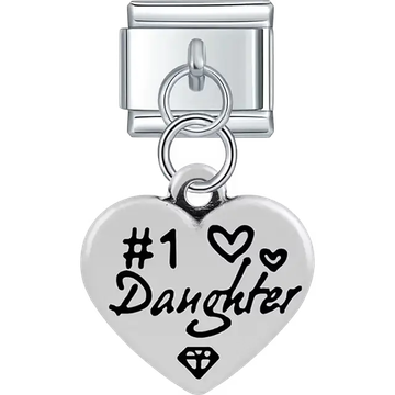 Heart with "#1 Daughter" text heart symbols diamond dangle Italian charm bracelet link