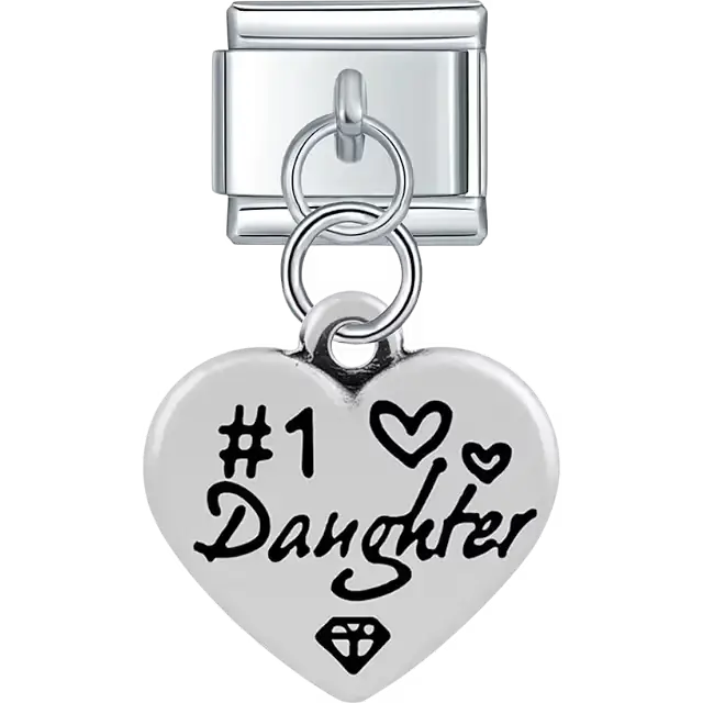Heart with "#1 Daughter" text heart symbols diamond dangle Italian charm bracelet link