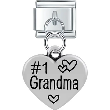 Heart with "#1 Grandma" text heart symbols dangle Italian charm bracelet link