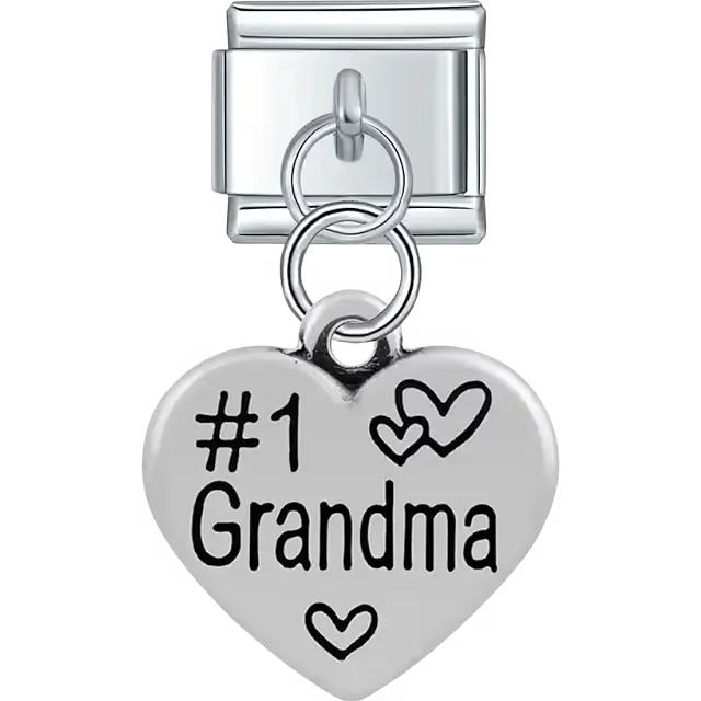 Heart with "#1 Grandma" text heart symbols dangle Italian charm bracelet link