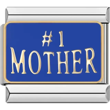Blue background with gold #1 Mother text and silver border Italian charm bracelet link