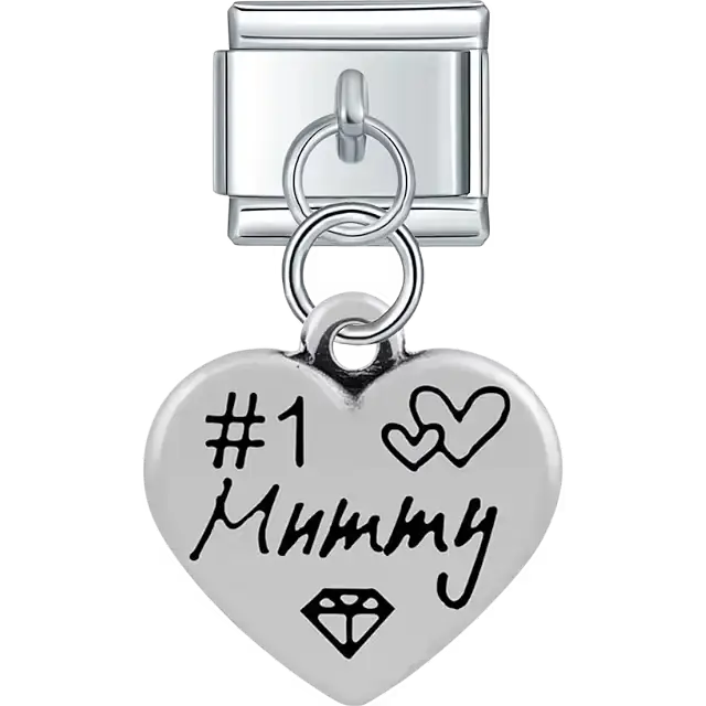 Heart with "#1 Mummy" text heart symbols diamond dangle Italian charm bracelet link
