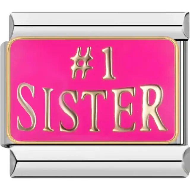 Bright pink background with gold #1 Sister text and silver border Italian charm bracelet link