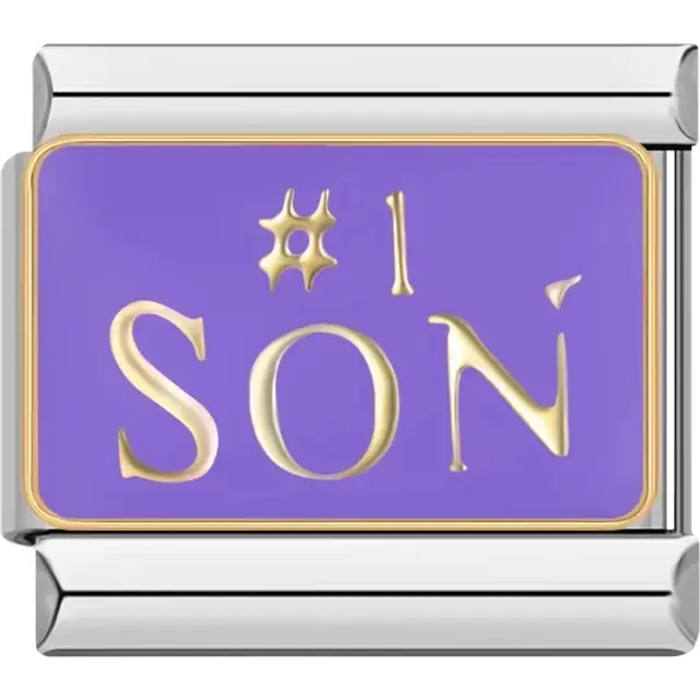 Purple background with gold #1 Son text and silver border Italian charm bracelet link