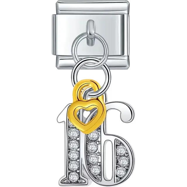 Silver crystal number "16" with gold heart dangle Italian charm bracelet link