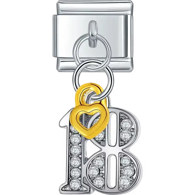Silver crystal number "18" with gold heart dangle Italian charm bracelet link