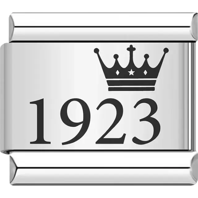 “1923” black text with a crown Italian charm bracelet link