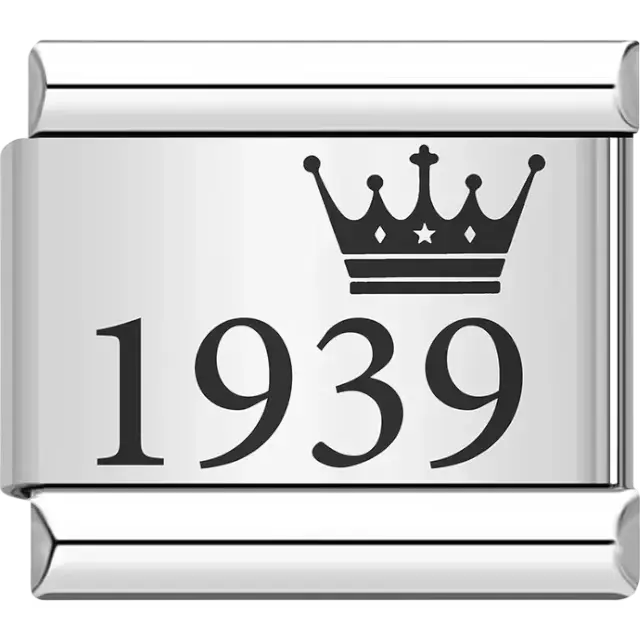 “1939” black text with a crown Italian charm bracelet link