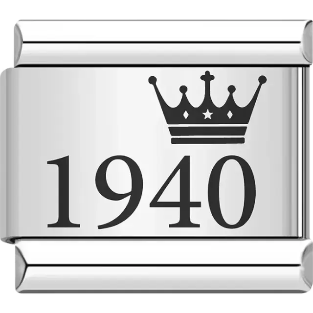 “1940” black text with a crown Italian charm bracelet link