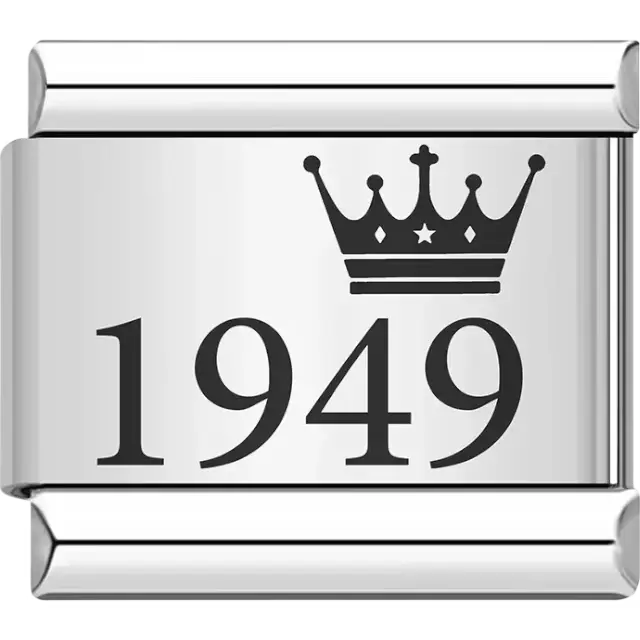 “1949” black text with a crown Italian charm bracelet link
