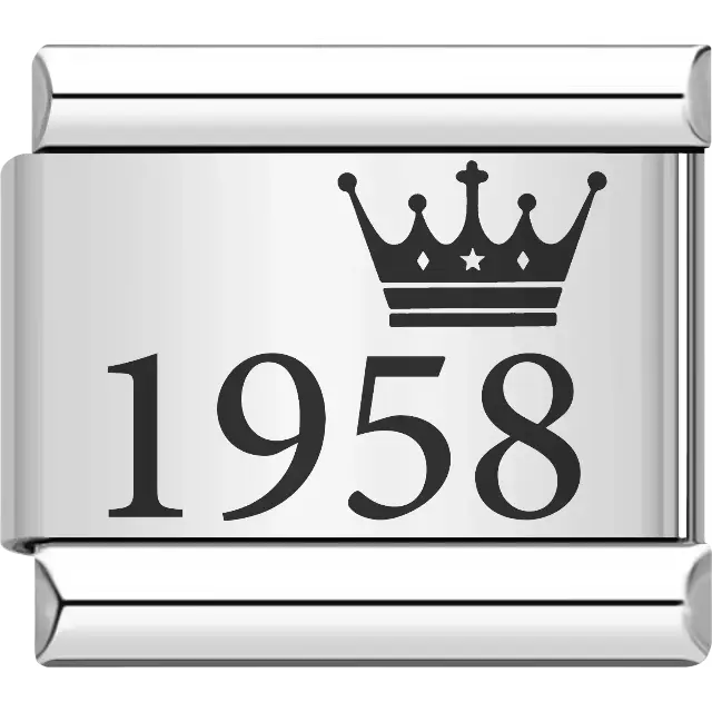 “1958” black text with a crown Italian charm bracelet link