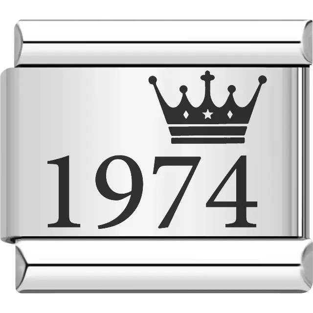 “1974” black text with a crown Italian charm bracelet link