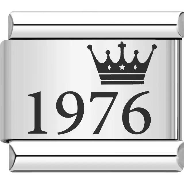 “1976” black text with a crown Italian charm bracelet link