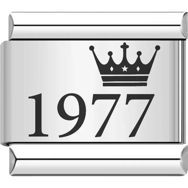 “1977” black text with a crown Italian charm bracelet link