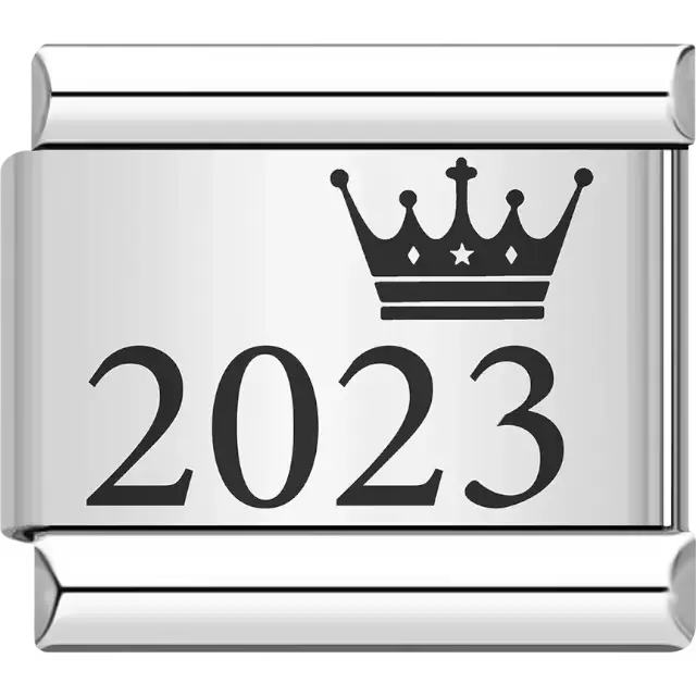 “2023” black text with a crown Italian charm bracelet link