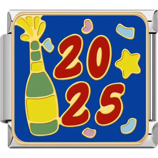 "2025" text with champagne bottle confetti and star detail on a blue background Italian charm bracelet link