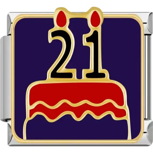 Red birthday cake with gold "21" and candles on a dark blue background Italian charm bracelet link