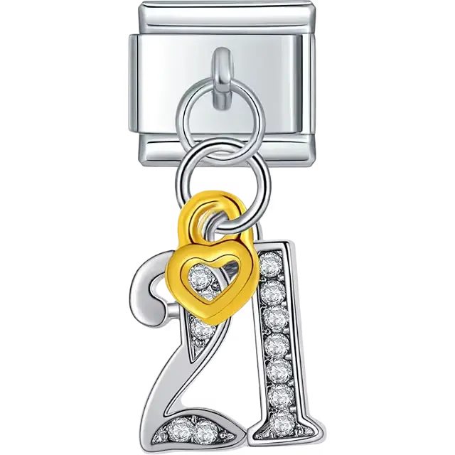 Silver crystal number "21" with gold heart dangle Italian charm bracelet link