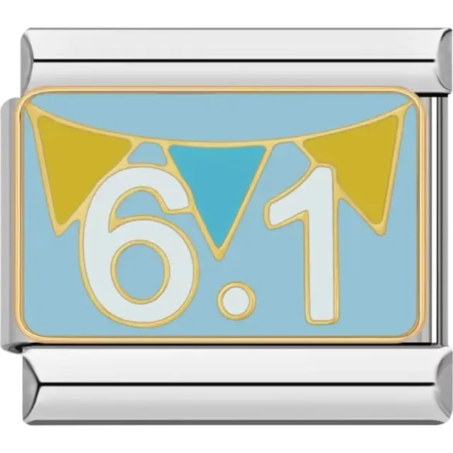 Blue and yellow bunting design with "6.1" in white and gold accents Italian charm bracelet link