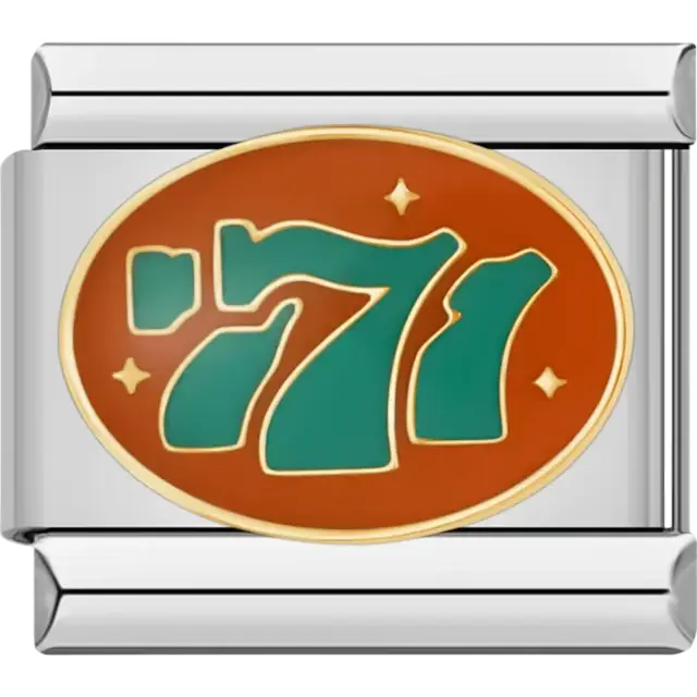 Green 777 design on an orange oval background with gold stars Italian charm bracelet link