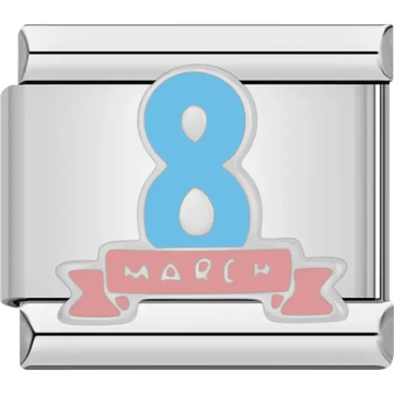Blue number "8" above a pink banner with the word "March" Italian charm bracelet link