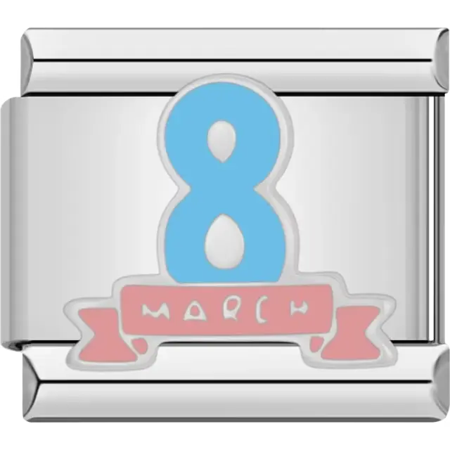 Blue number "8" above a pink banner with the word "March" Italian charm bracelet link