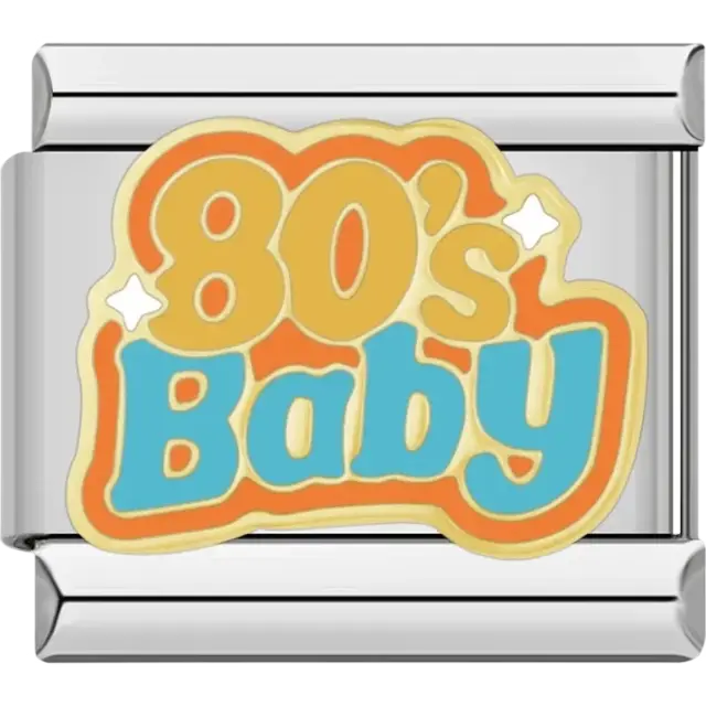 Yellow, orange, and blue “80’s Baby” text with sparkle accents Italian charm bracelet link