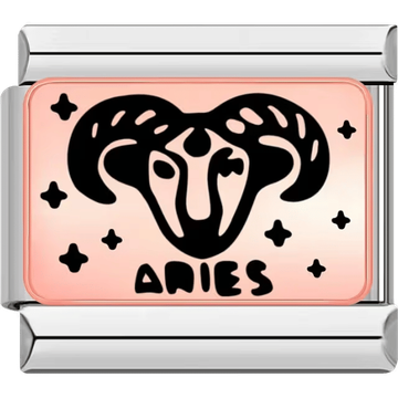 Rectangular Italian charm with a bold black Aries ram head design on a rose background, surrounded by stars.