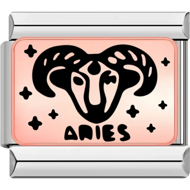Rectangular Italian charm with a bold black Aries ram head design on a rose background, surrounded by stars.