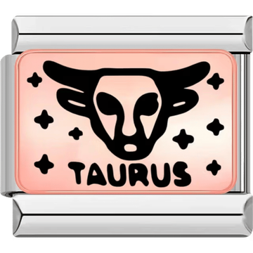 Rectangular Italian charm featuring a black Taurus bull head on a rose background with star accents.
