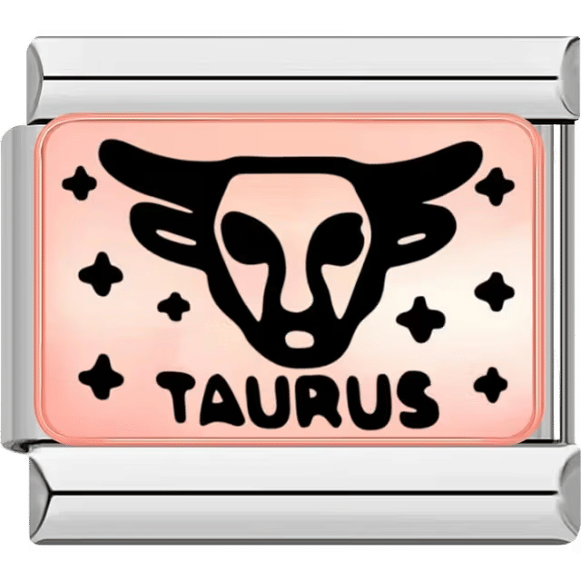 Rectangular Italian charm featuring a black Taurus bull head on a rose background with star accents.