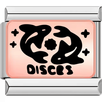 Rectangular Italian charm with two black fish swimming in a circular pattern on a rose background, decorated with stars.