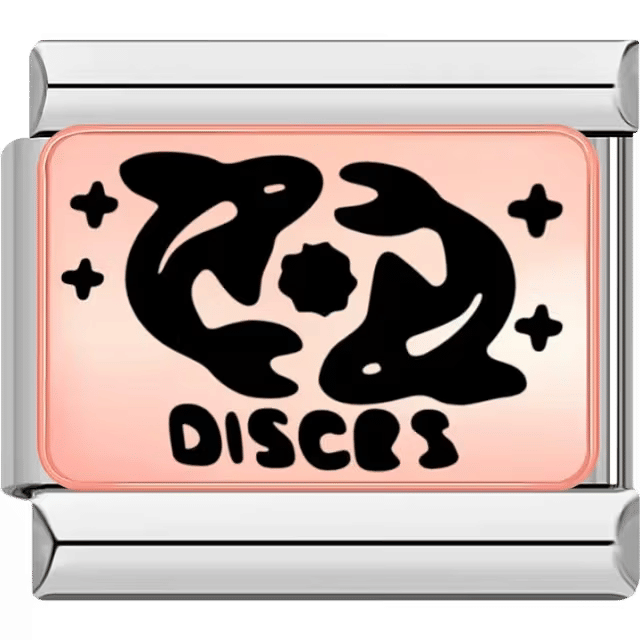 Rectangular Italian charm with two black fish swimming in a circular pattern on a rose background, decorated with stars.