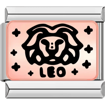 Rectangular Italian charm showing a bold black lion head symbol for Leo on a rose background with star details.