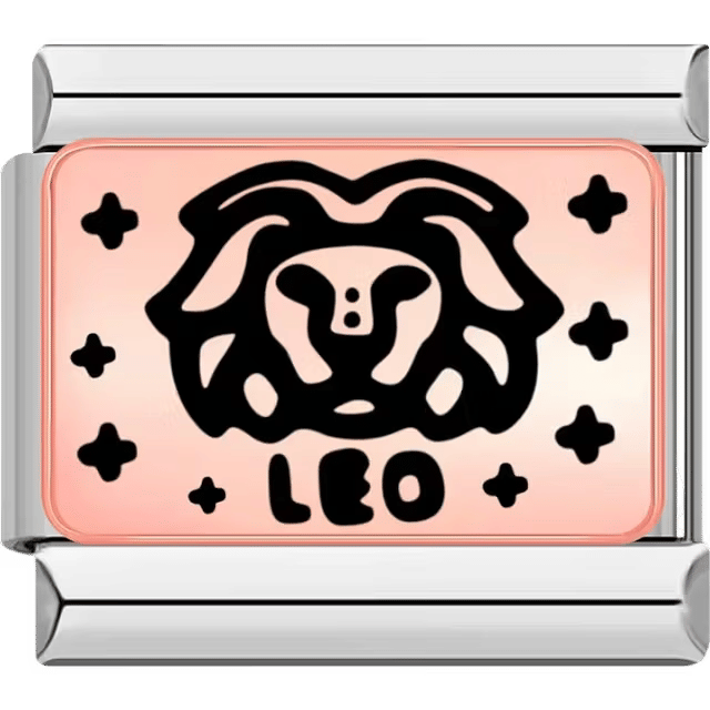 Rectangular Italian charm showing a bold black lion head symbol for Leo on a rose background with star details.
