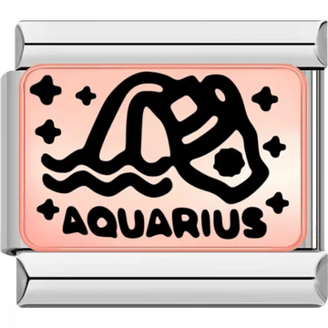 Rectangular Italian charm depicting a black water jug pouring waves, symbolizing Aquarius, on a rose background with stars.