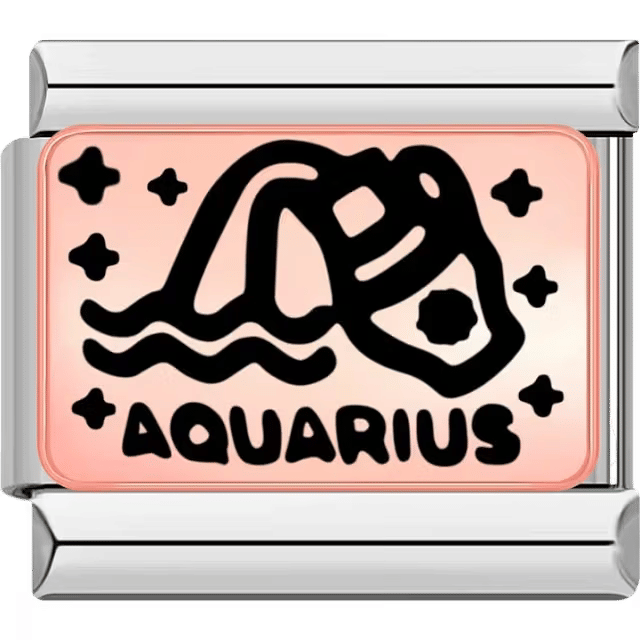 Rectangular Italian charm depicting a black water jug pouring waves, symbolizing Aquarius, on a rose background with stars.