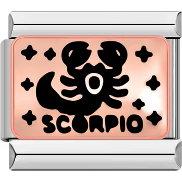 Rectangular Italian charm featuring a black scorpion design for Scorpio on a rose background with surrounding stars.