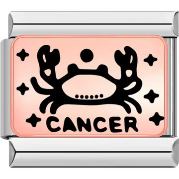 Rectangular Italian charm with a bold black crab design representing Cancer on a rose background with star decorations.