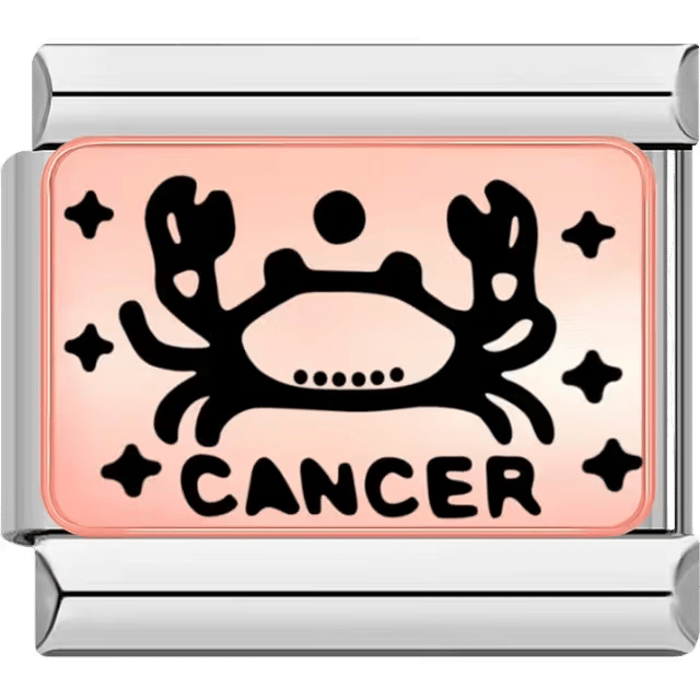 Rectangular Italian charm with a bold black crab design representing Cancer on a rose background with star decorations.