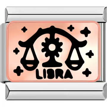 Rectangular Italian charm showing black weighing scales for Libra on a rose background with small star motifs.