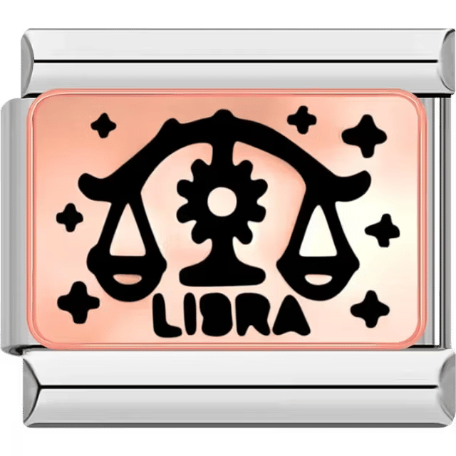 Rectangular Italian charm showing black weighing scales for Libra on a rose background with small star motifs.