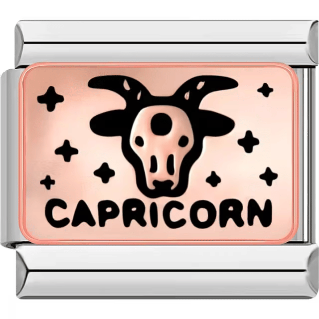 Rectangular Italian charm with a black goat head design for Capricorn on a rose background with star accents.
