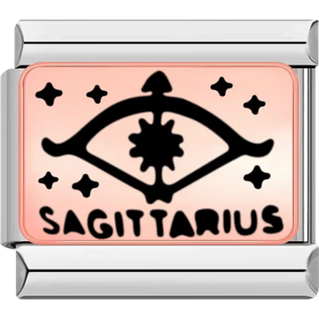 Rectangular Italian charm featuring a black bow and arrow symbol for Sagittarius on a rose background with star details.