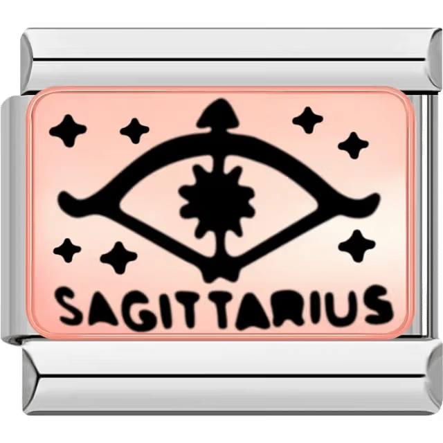 Rectangular Italian charm featuring a black bow and arrow symbol for Sagittarius on a rose background with star details.