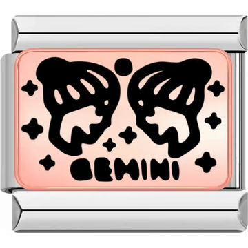 Rectangular Italian charm with two black twin faces representing Gemini on a rose background with star accents.