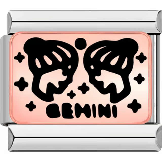 Rectangular Italian charm with two black twin faces representing Gemini on a rose background with star accents.